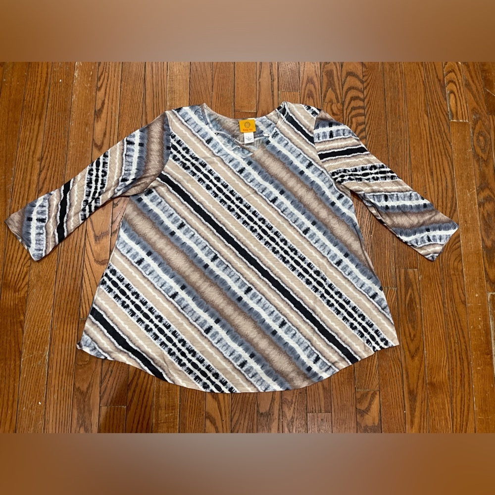 Ruby Rd. Striped Blouse in Black, Gray, and Cream